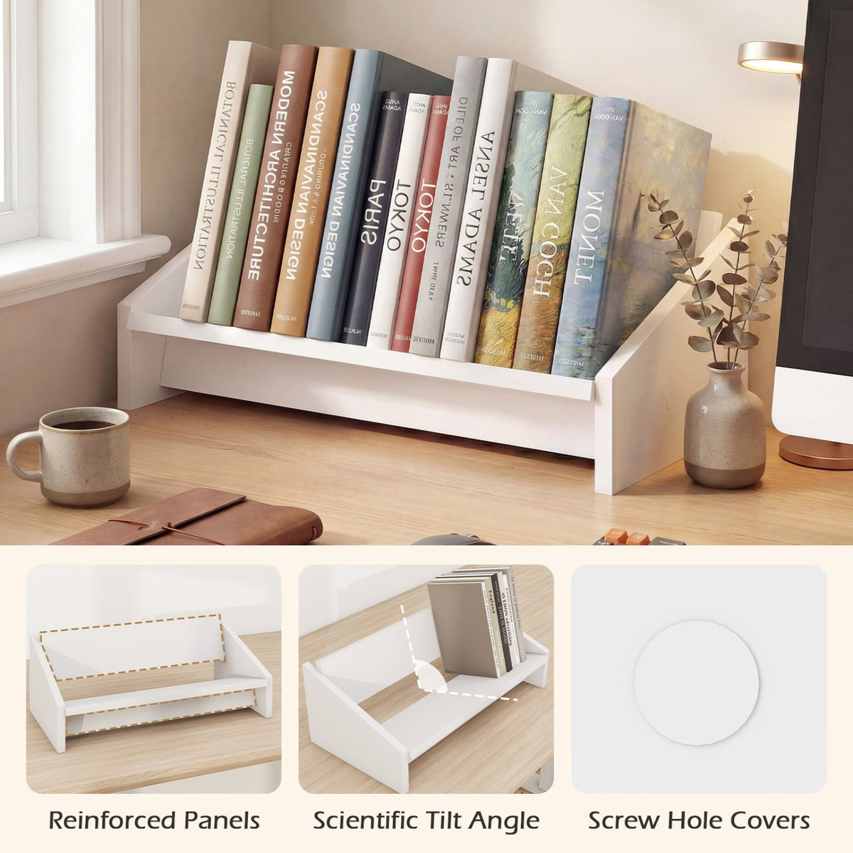 Wooden Tilting Bookcase Small Desktop Bookshelf Organizer for Magazines-White view 9