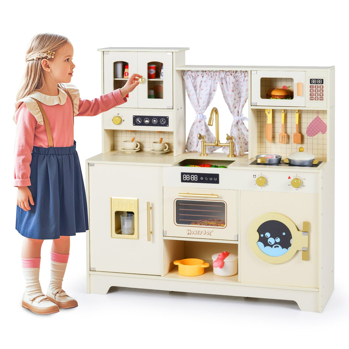 Wooden Toy Kitchen Playset with 14 Accessories for Aged 3+ Years-Beige view 4