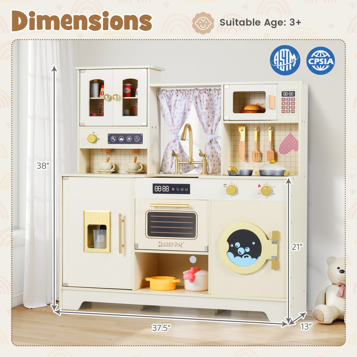 Wooden Toy Kitchen Playset with 14 Accessories for Aged 3+ Years-Beige view 5