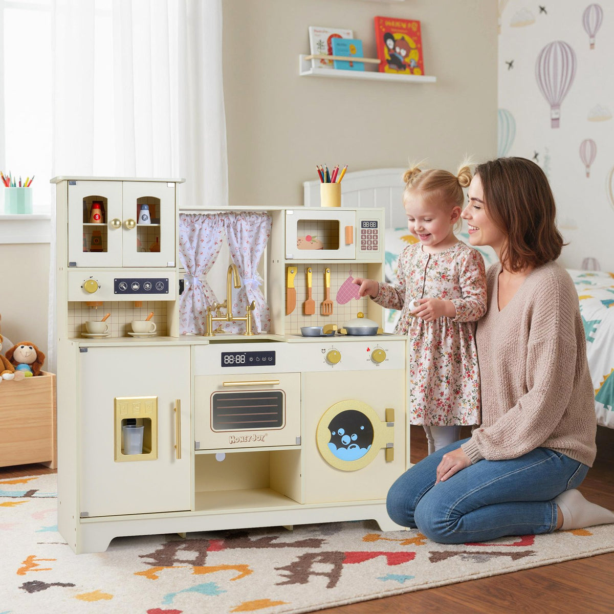 Wooden Toy Kitchen Playset with 14 Accessories for Aged 3+ Years-Beige view 7