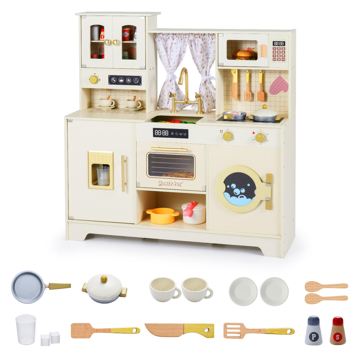 Wooden Toy Kitchen Playset with 14 Accessories for Aged 3+ Years-Beige view 8