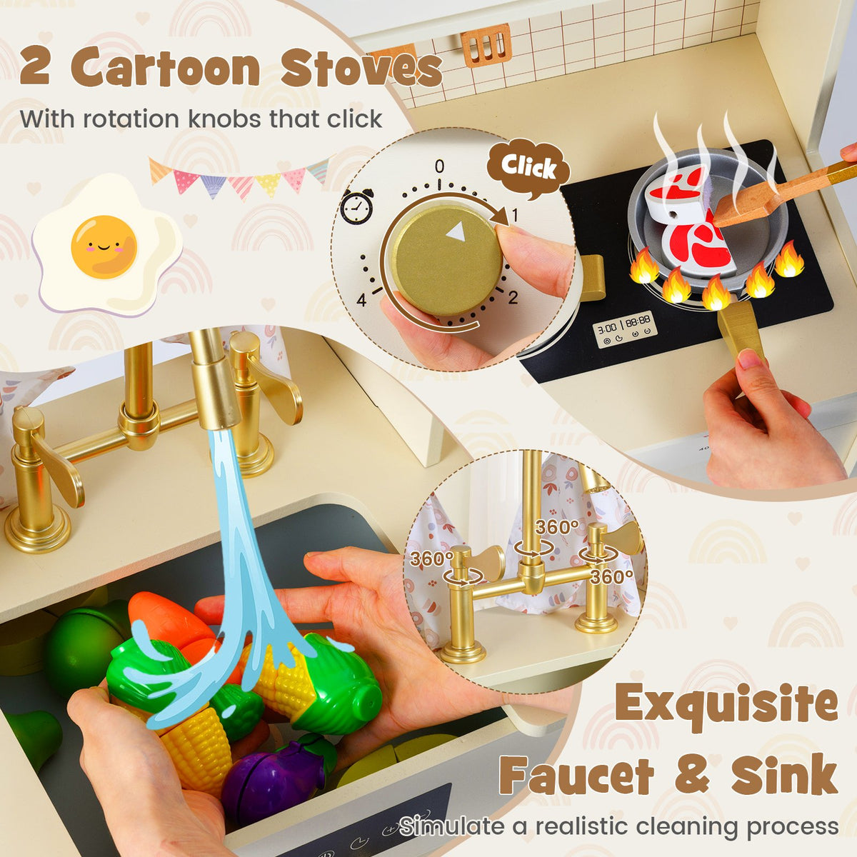 Wooden Toy Kitchen Playset with 14 Accessories for Aged 3+ Years-Beige view 9