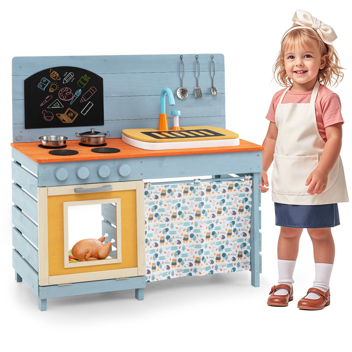 Wooden Toy Kitchen Playset with Removable Circulation Faucet and Cooking Accessories-Blue view 4