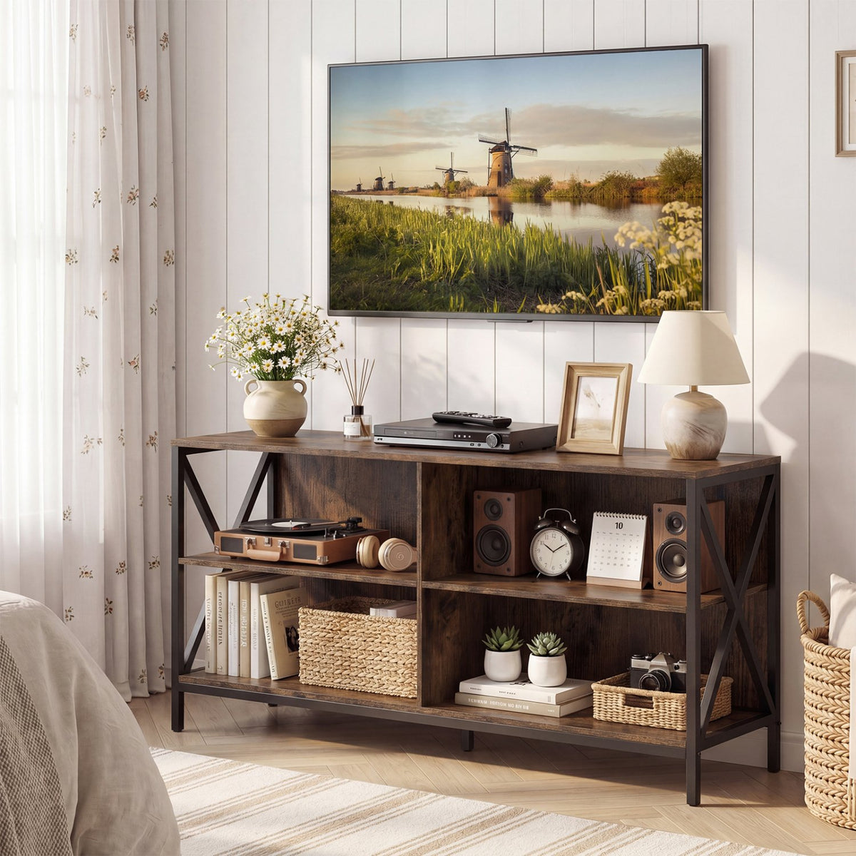 Wooden TV Stand Entertainment for TVs up to 55 Inch with X-Shaped Frame-Rustic Brown view 2