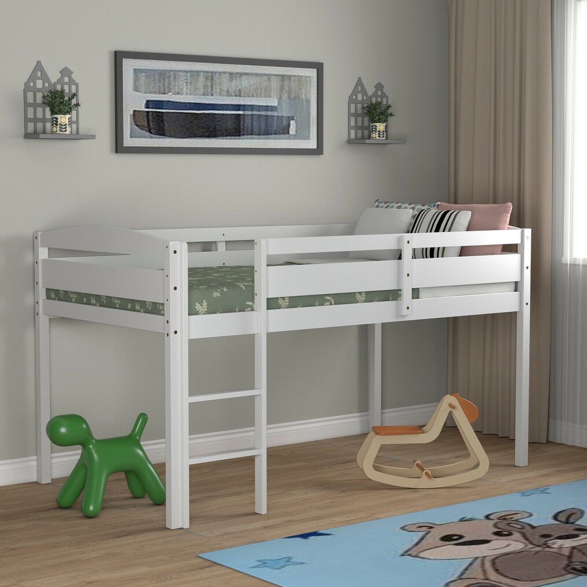 Wooden Twin Low Loft Bunk Bed with Guard Rail and Ladder-White view 2