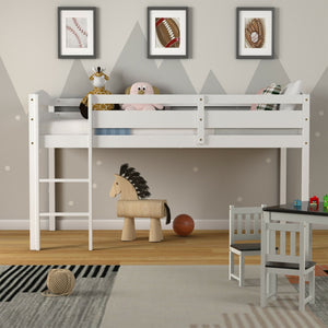 Wooden Twin Low Loft Bunk Bed with Guard Rail and Ladder-White view 3