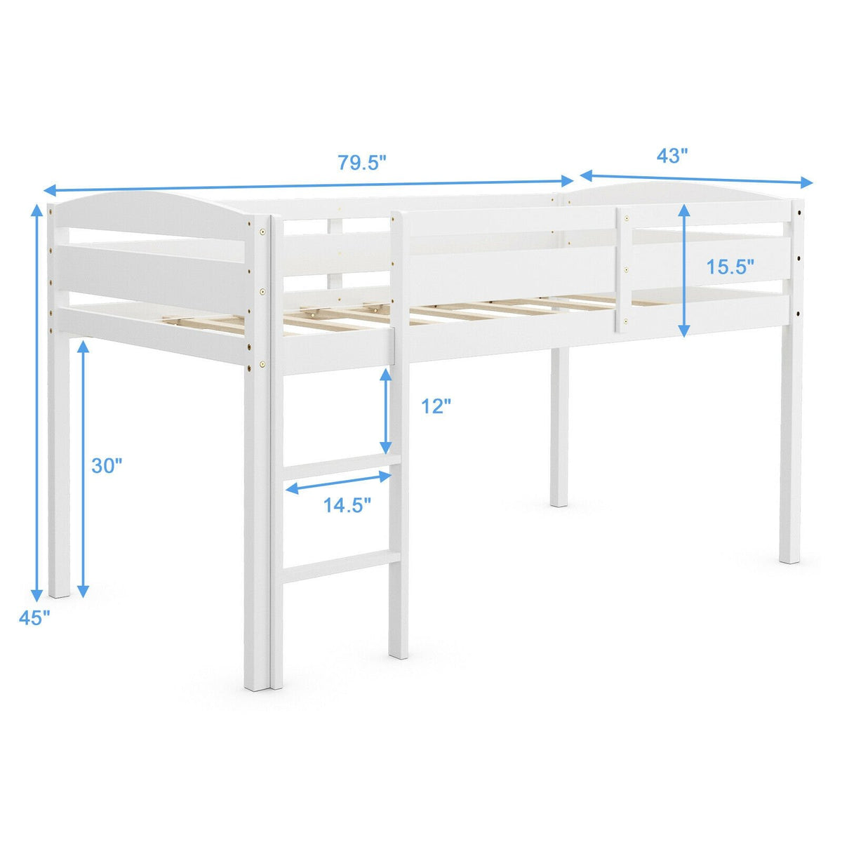 Wooden Twin Low Loft Bunk Bed with Guard Rail and Ladder-White view 5