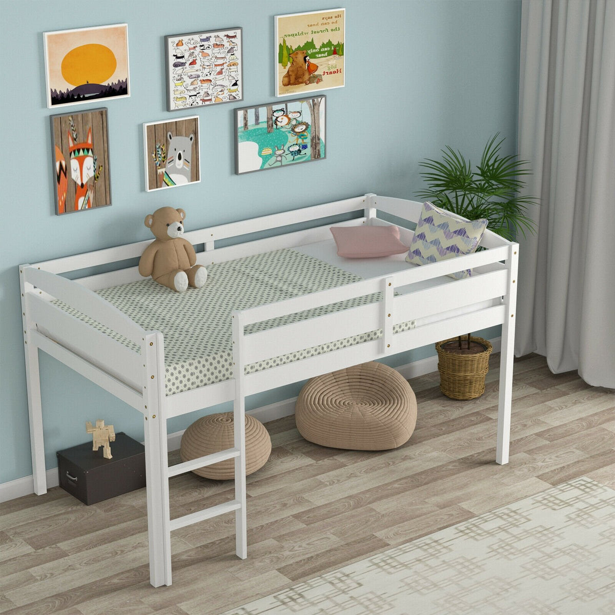 Wooden Twin Low Loft Bunk Bed with Guard Rail and Ladder-White view 6