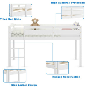 Wooden Twin Low Loft Bunk Bed with Guard Rail and Ladder-White view 8
