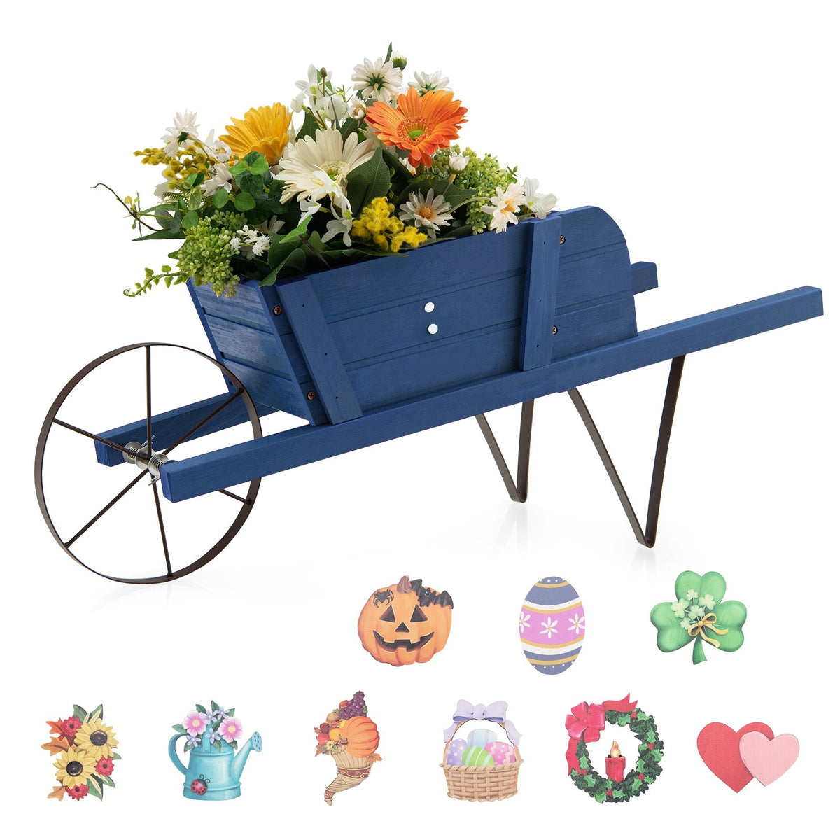Wooden Wagon Planter with 9 Magnetic Accessories for Garden Yard-Blue view 3