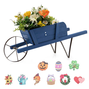 Wooden Wagon Planter with 9 Magnetic Accessories for Garden Yard-Blue view 3