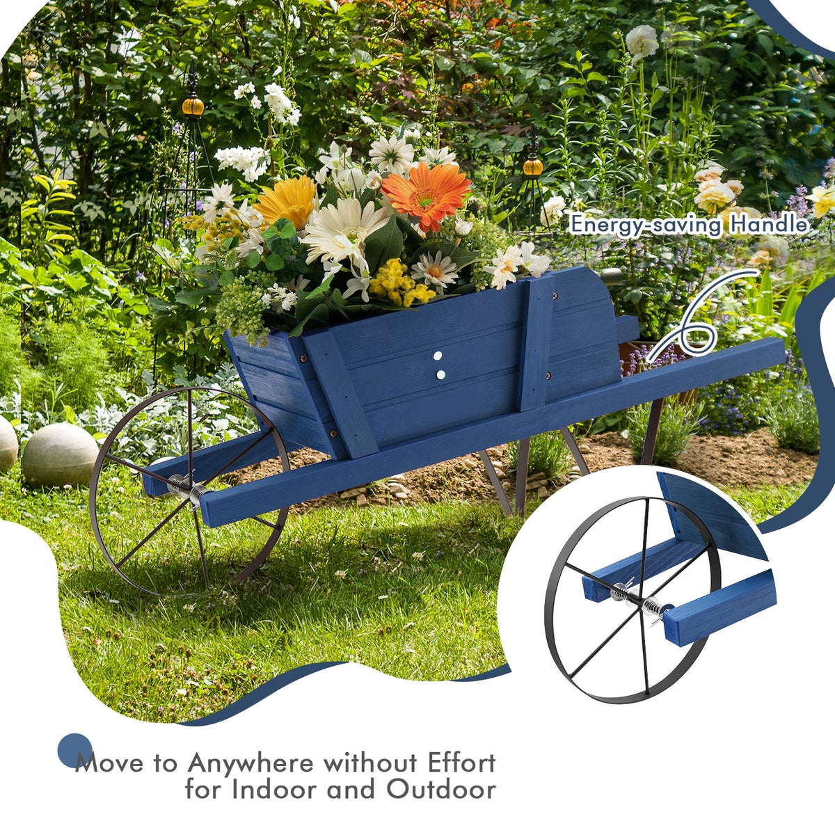 Wooden Wagon Planter with 9 Magnetic Accessories for Garden Yard-Blue view 6