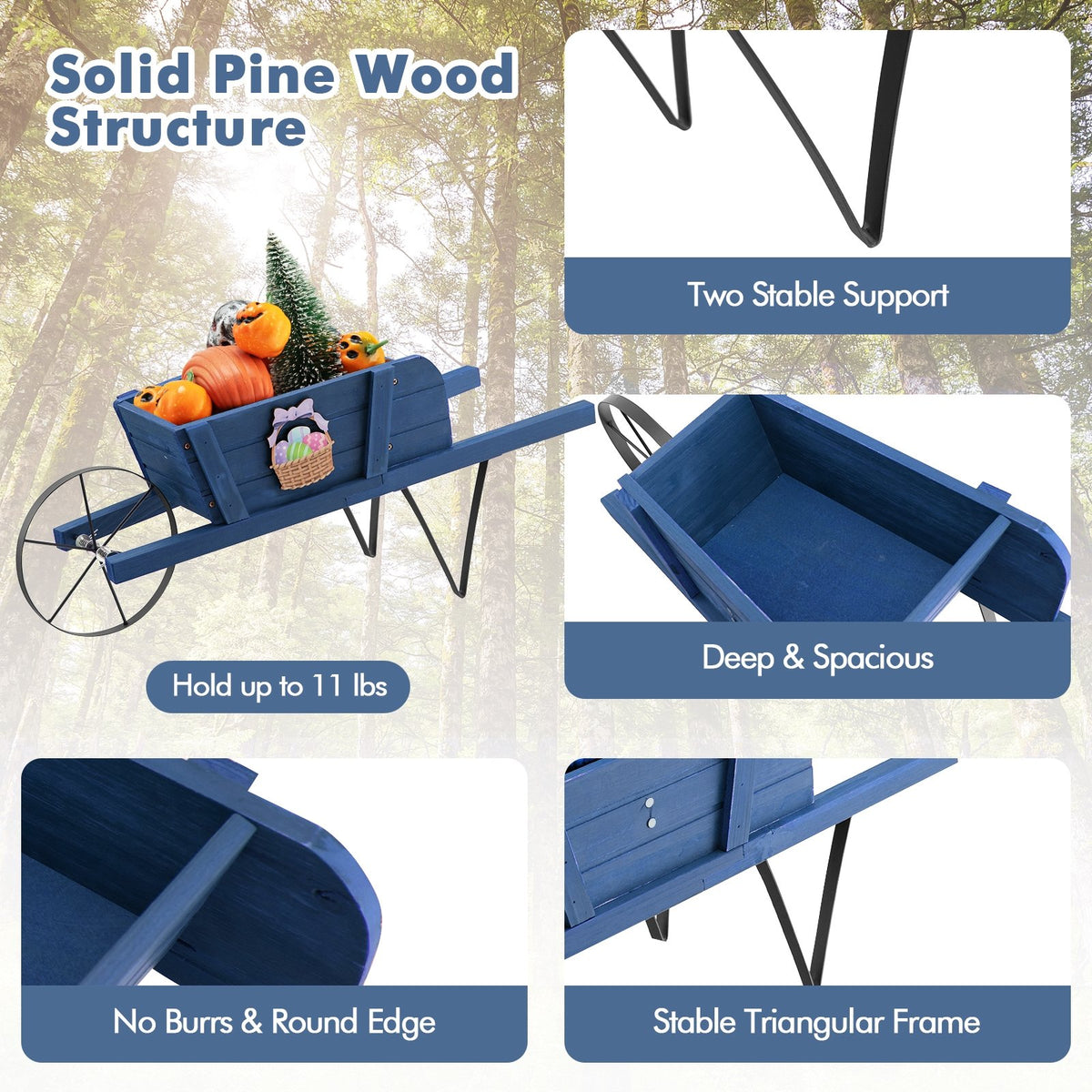 Wooden Wagon Planter with 9 Magnetic Accessories for Garden Yard-Blue view 7