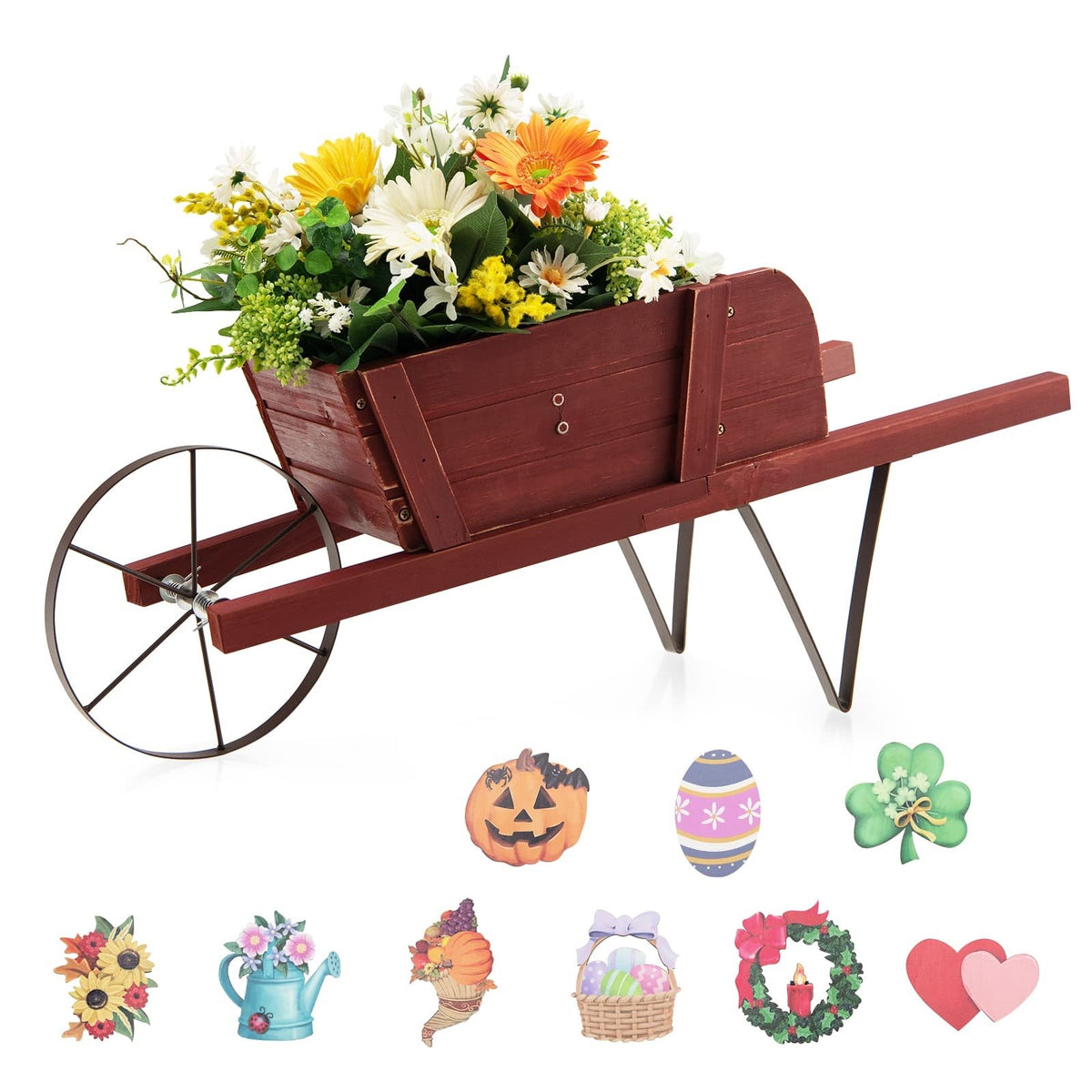 Wooden Wagon Planter with 9 Magnetic Accessories for Garden Yard-Red view 3