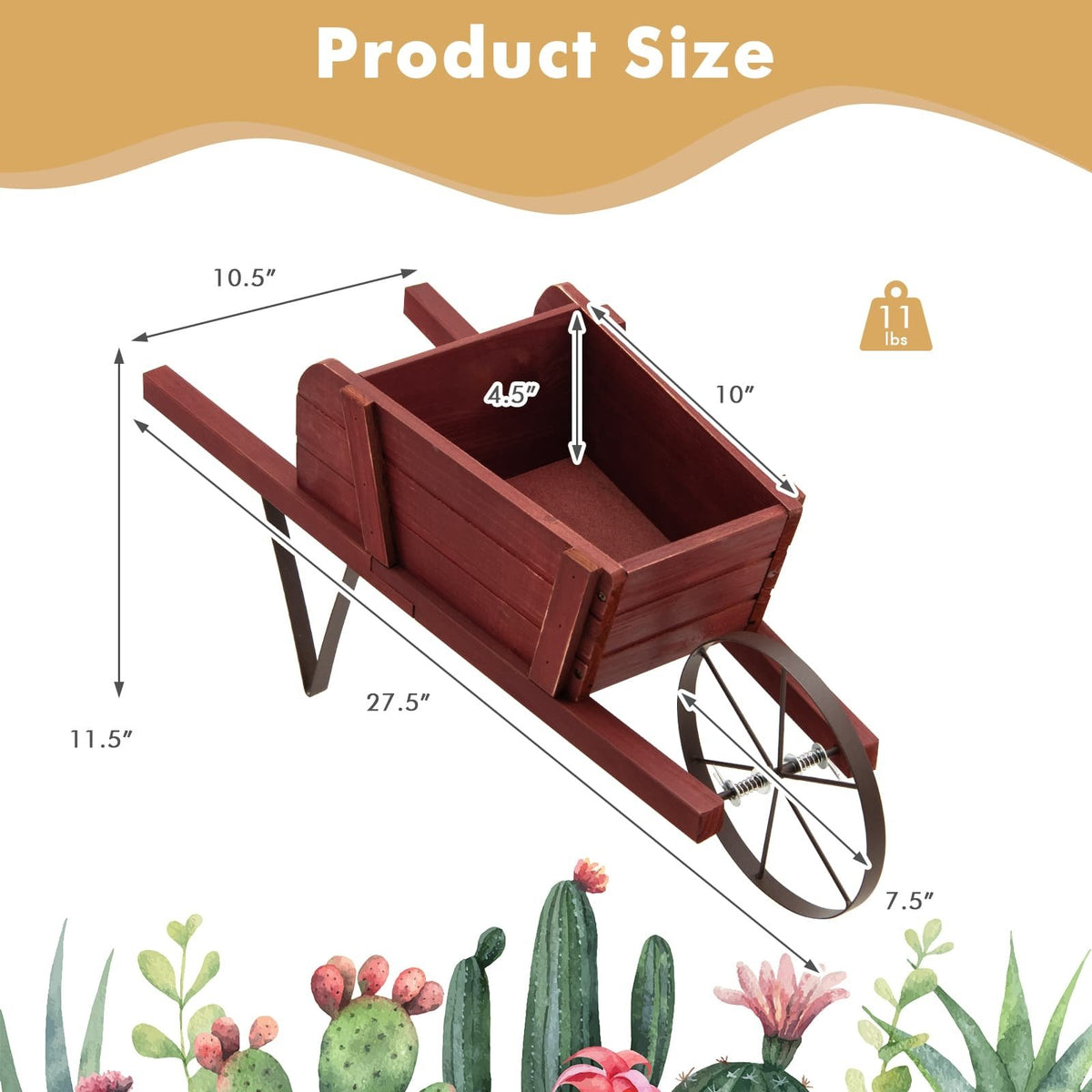 Wooden Wagon Planter with 9 Magnetic Accessories for Garden Yard-Red view 4