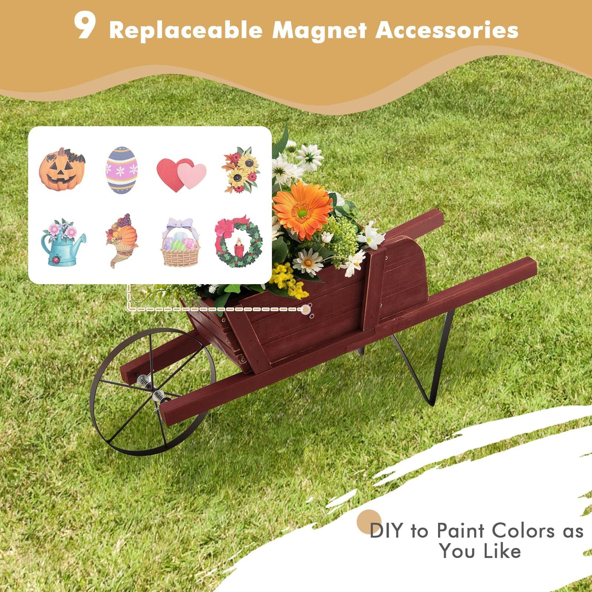Wooden Wagon Planter with 9 Magnetic Accessories for Garden Yard-Red view 6