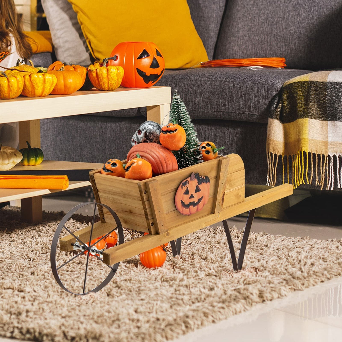 Wooden Wagon Planter with 9 Magnetic Accessories for Garden Yard-Walnut view 2