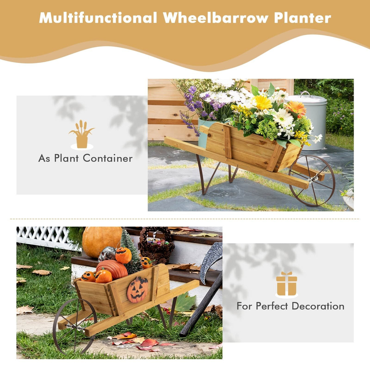 Wooden Wagon Planter with 9 Magnetic Accessories for Garden Yard-Walnut view 5