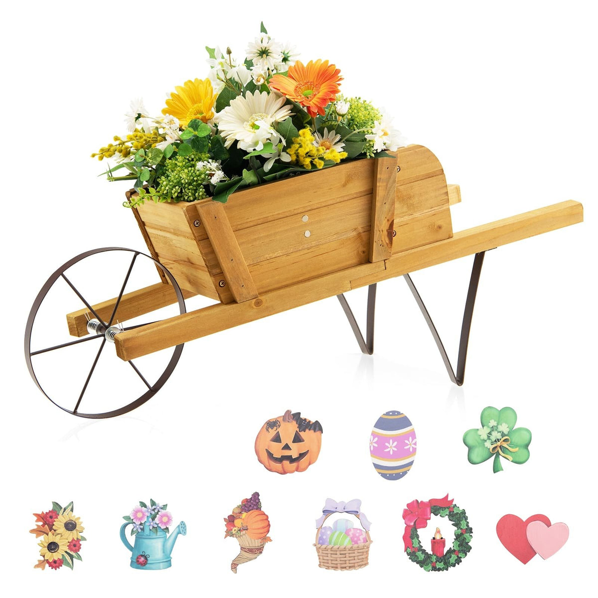 Wooden Wagon Planter with 9 Magnetic Accessories for Garden Yard-Walnut view 6