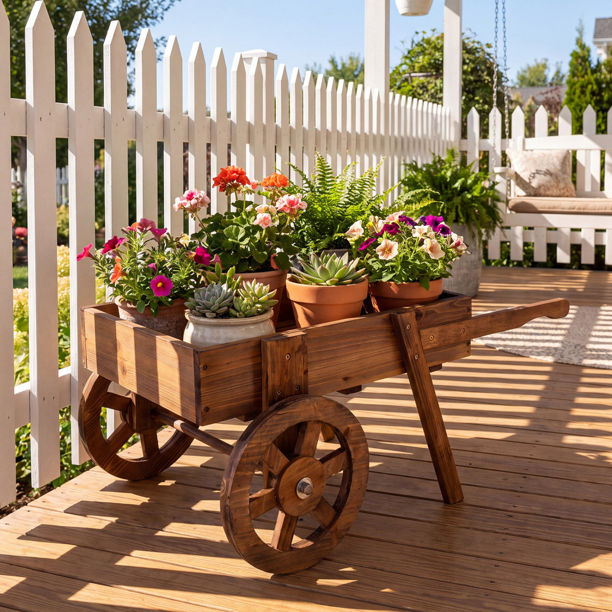 Wooden Wagon Planter with Wheels for Indoor and Outdoor Use-Brown view 3