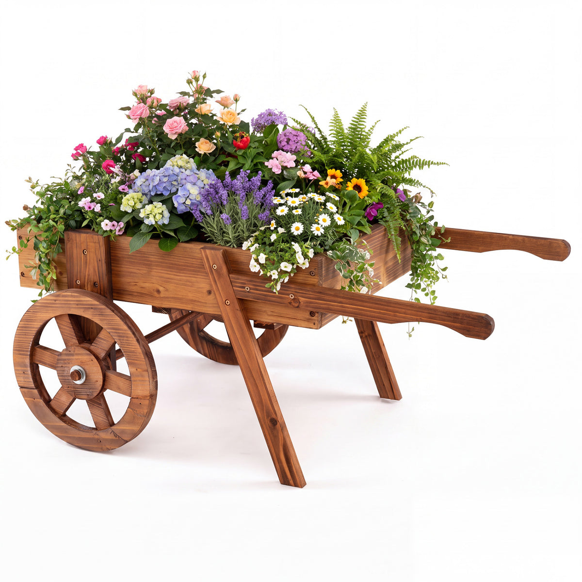 Wooden Wagon Planter with Wheels for Indoor and Outdoor Use-Brown view 4