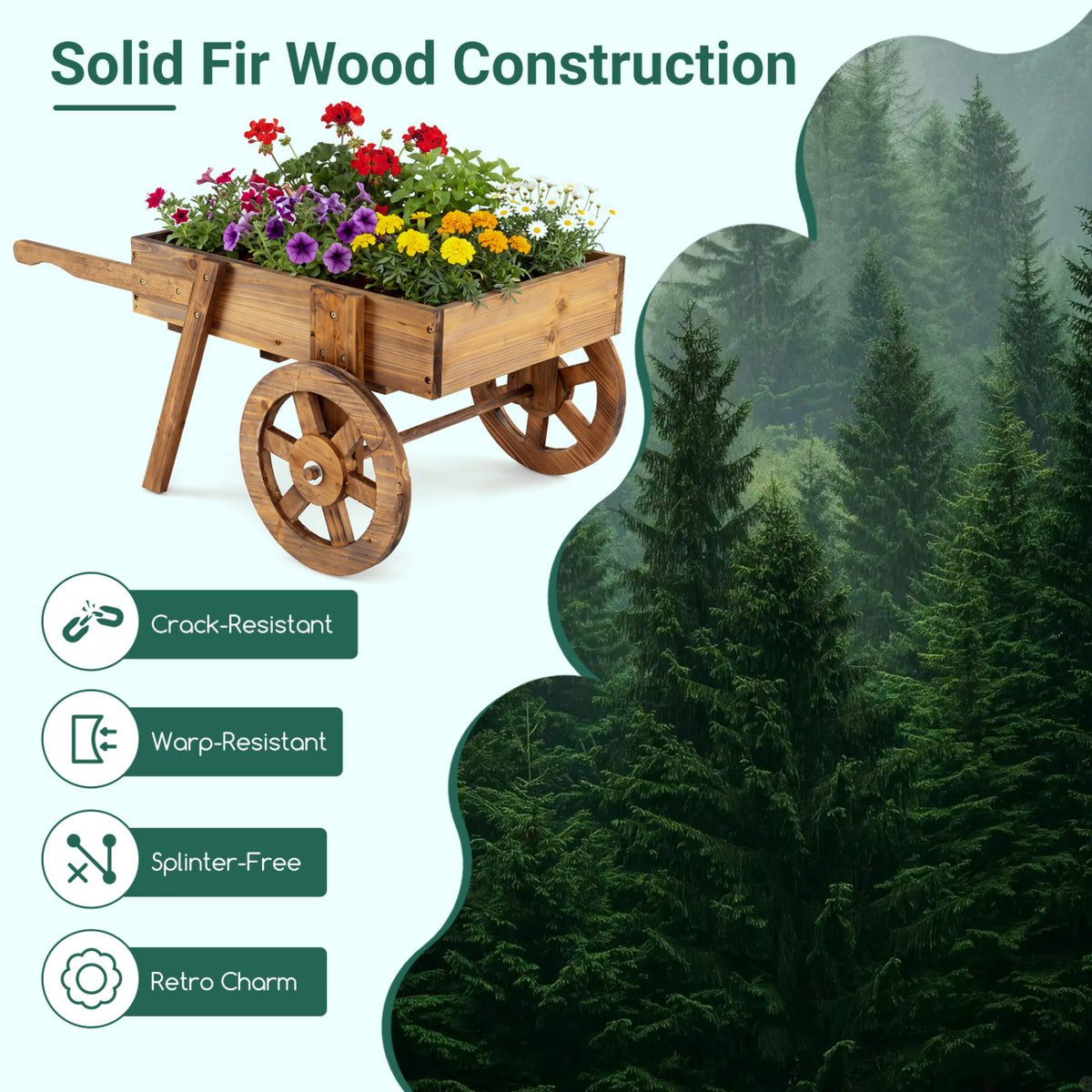 Wooden Wagon Planter with Wheels for Indoor and Outdoor Use-Brown view 6