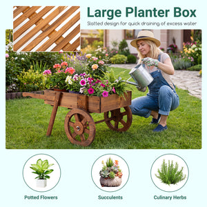 Wooden Wagon Planter with Wheels for Indoor and Outdoor Use-Brown view 8