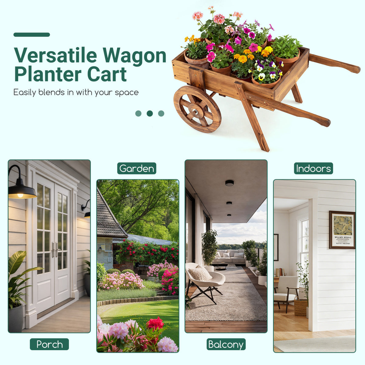 Wooden Wagon Planter with Wheels for Indoor and Outdoor Use-Brown view 9