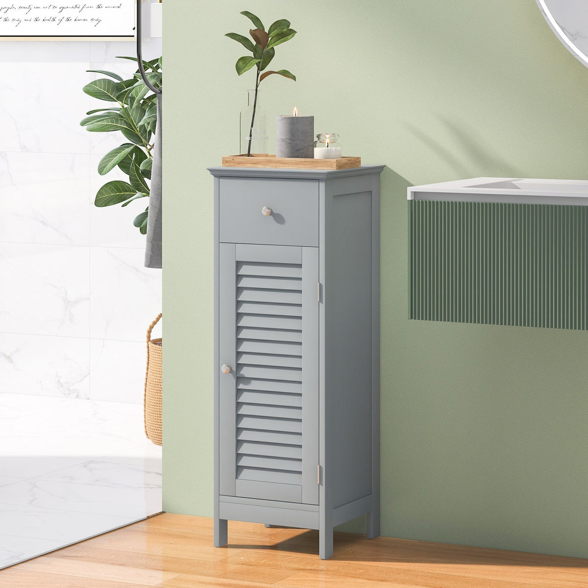 Woodern Bathroom Floor Storage Cabinet with Drawer and Shutter Door-Gray view 2