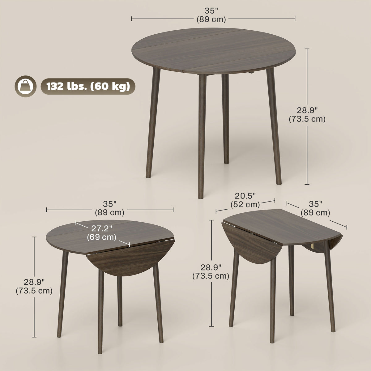 Folding Dining Table, Round Drop Leaf Kitchen Table for Small Spaces with Wood Legs, Oak – view 23