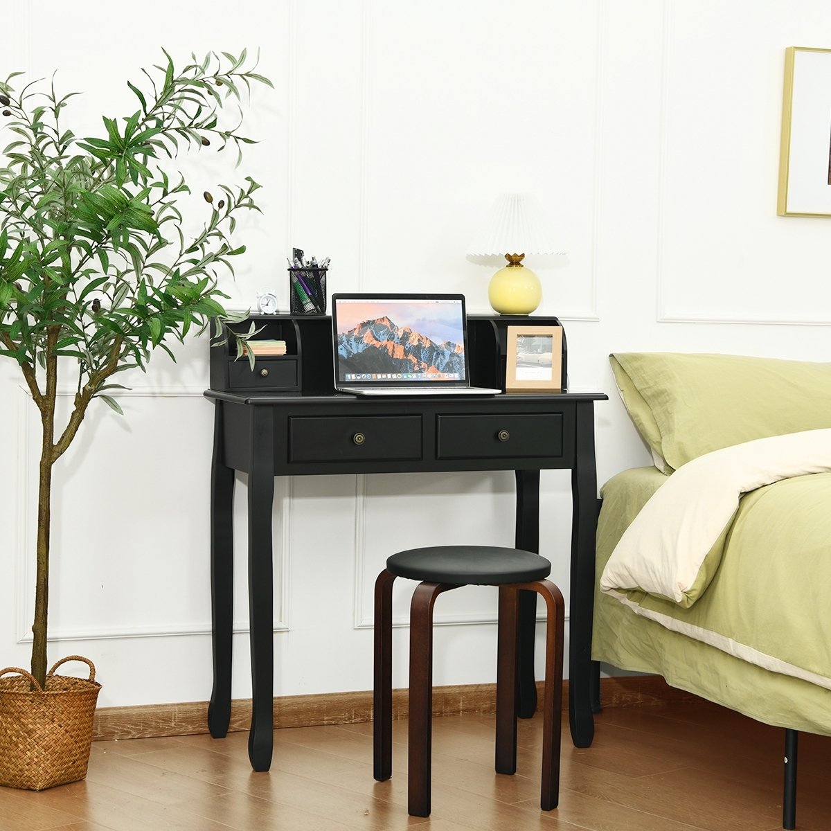 Writing Desk 2-Tier Vanity Desk Computer Desk with 4 Drawers-Black view 6