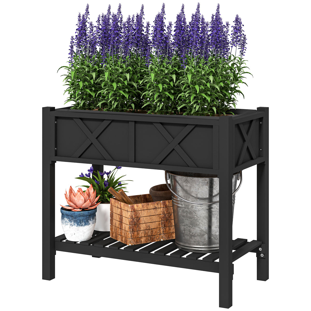 Wooden Raised Garden Bed, Elevated Planter Box with Storage Shelf, Drainage Holes and Liner