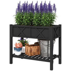 Wooden Raised Garden Bed, Elevated Planter Box with Storage Shelf, Drainage Holes and Liner