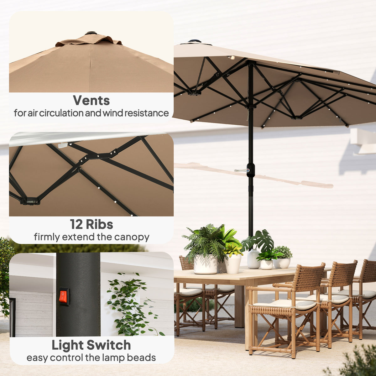 174" Double-Sided Sun Umbrella Garden Parasol Patio Sun Shade Outdoor with LED Solar Light, Khaki – view 4