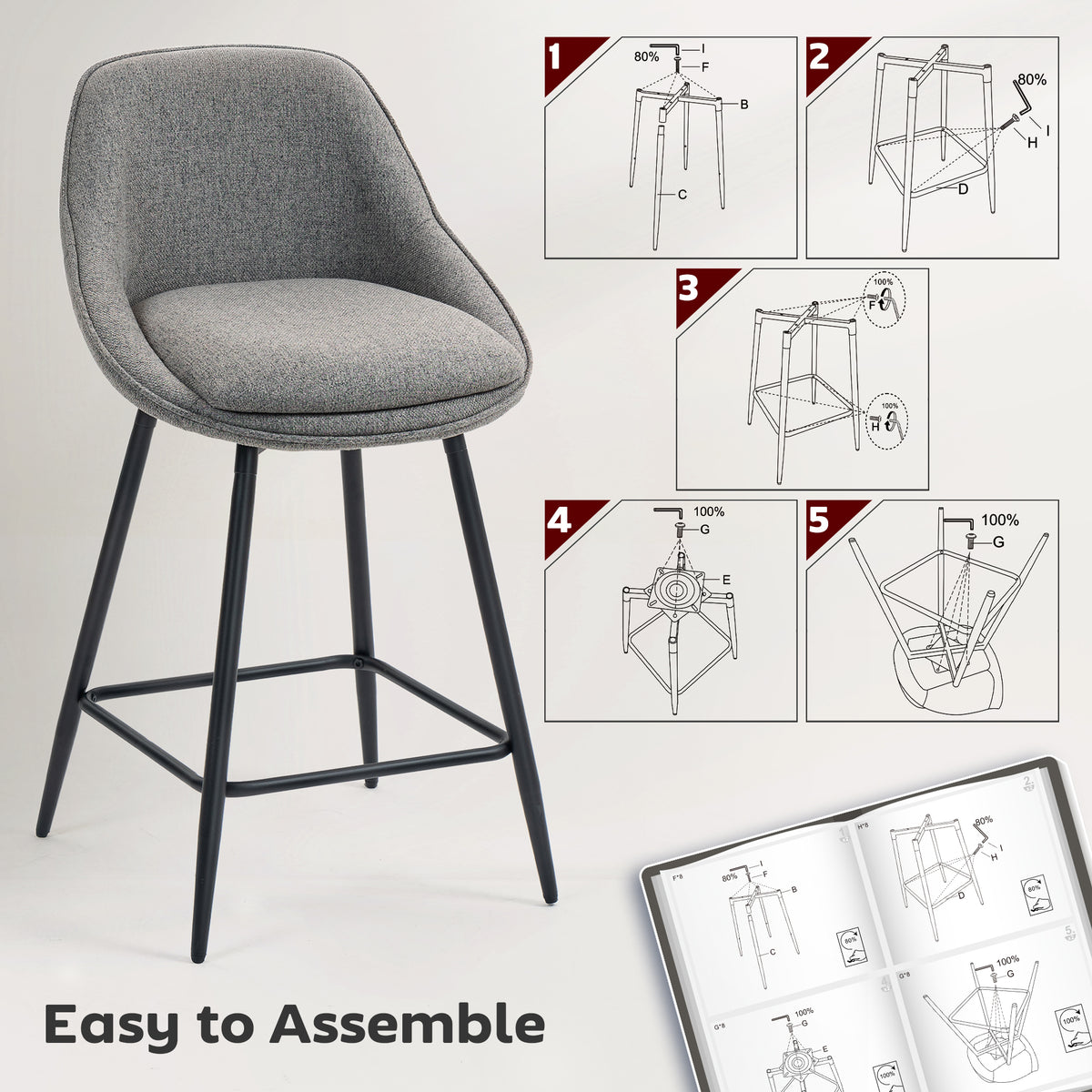 26" Counter Height Barstools Set of 2, Upholstered Swivel Bar Stools with Backrests and Armrests, Dark Grey – view 6