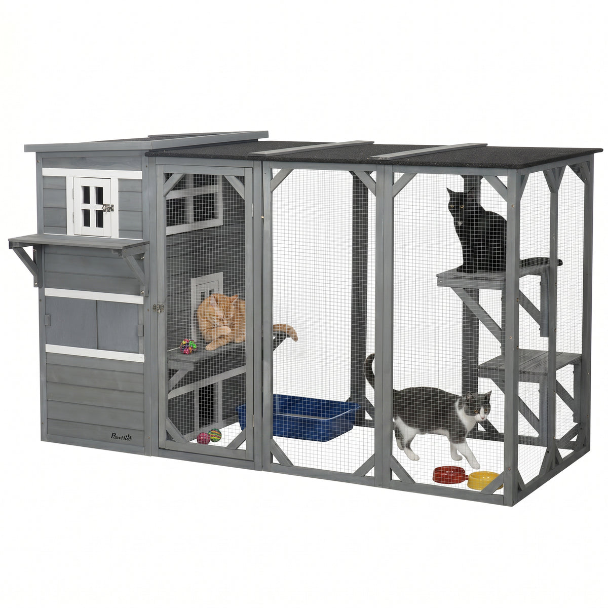 Wooden Cat Catio, 76"L Walk in Outdoor Cat House with Asphalt Roof, Platforms, Lockable Doors