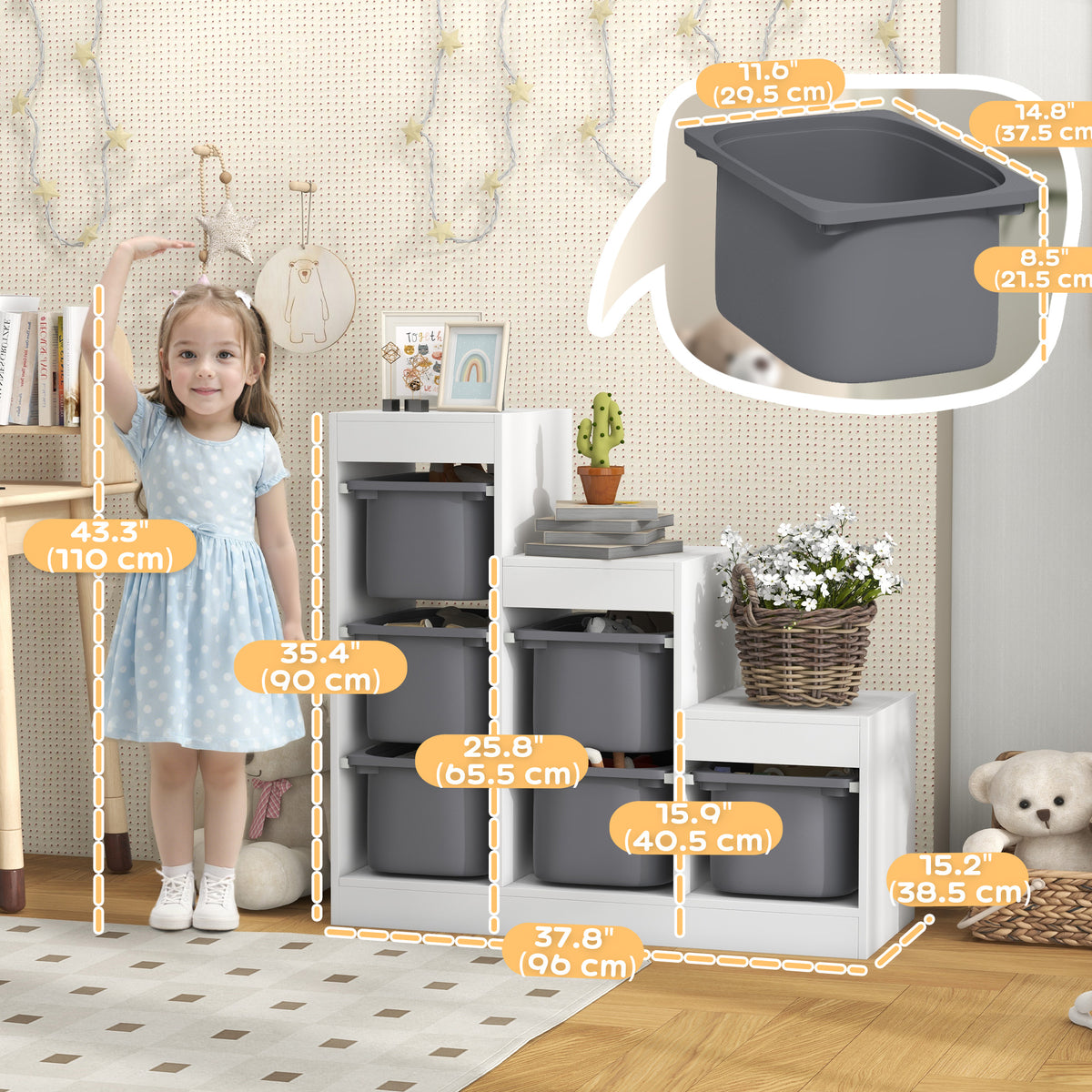 Qaba 3 Layers Toy Storage Organizer Kids Bookshelf Children Toy Storage w/ 6 Plastic Bins