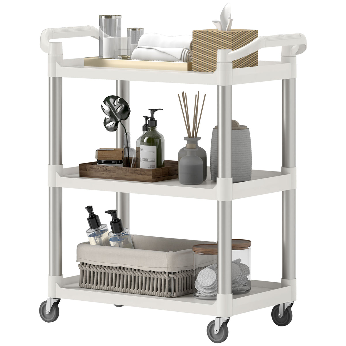3-Tier Utility Cart Large Rolling Storage Trolley with 3 Shelves Metal Clean Service Cart, Restaurant, Hotel, Livingroom, Silver and Grey
