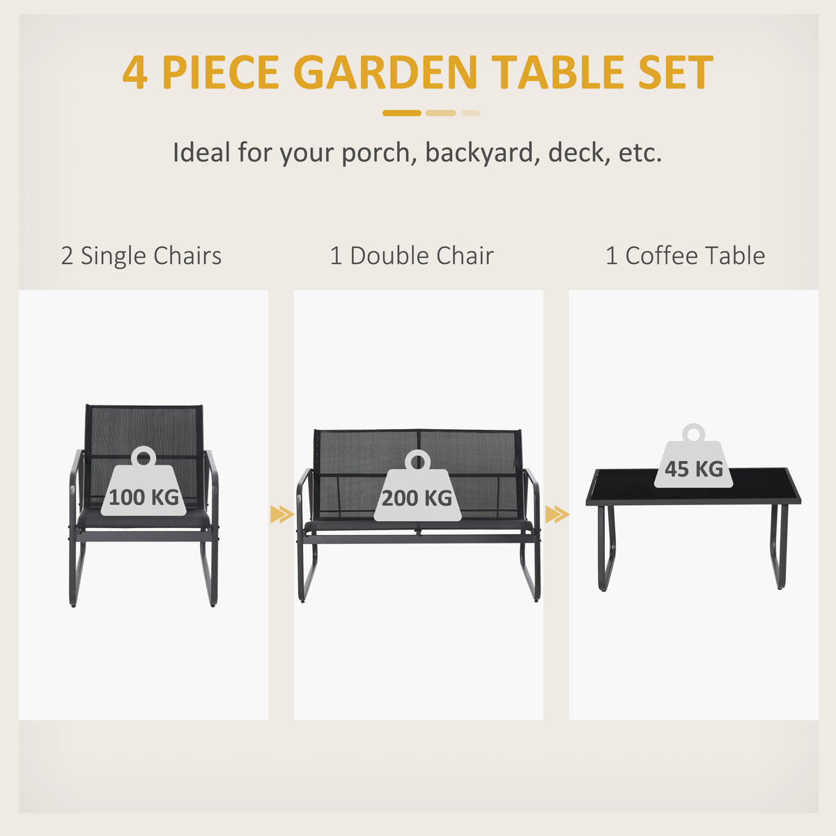 4 Piece Patio Furniture Set, Outdoor Conversation Set with Loveseat Sofa, Armchairs, Glass Top Coffee Table, Black
