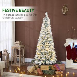 5ft Flocked Christmas Tree with Dual Colour LED Light, Pencil Hinged Xmas Tree with 11 Light Modes, Easy Assembly