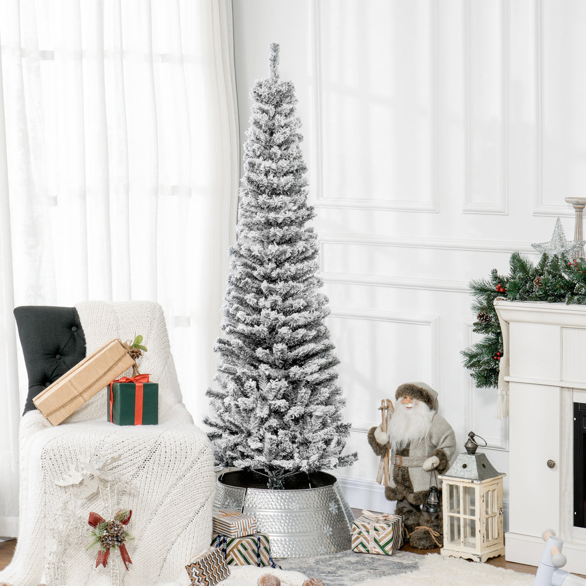 6ft Flocked Christmas Tree, Pencil Christmas Tree with Realistic Branch Tips, Folding Metal Stand, Green – view 14
