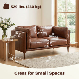 59" Loveseat Sofa, PU Leather 2 Seater Sofa with Wide Seat, High-Density Foam, Thick Cushion, Wood Legs, Brown