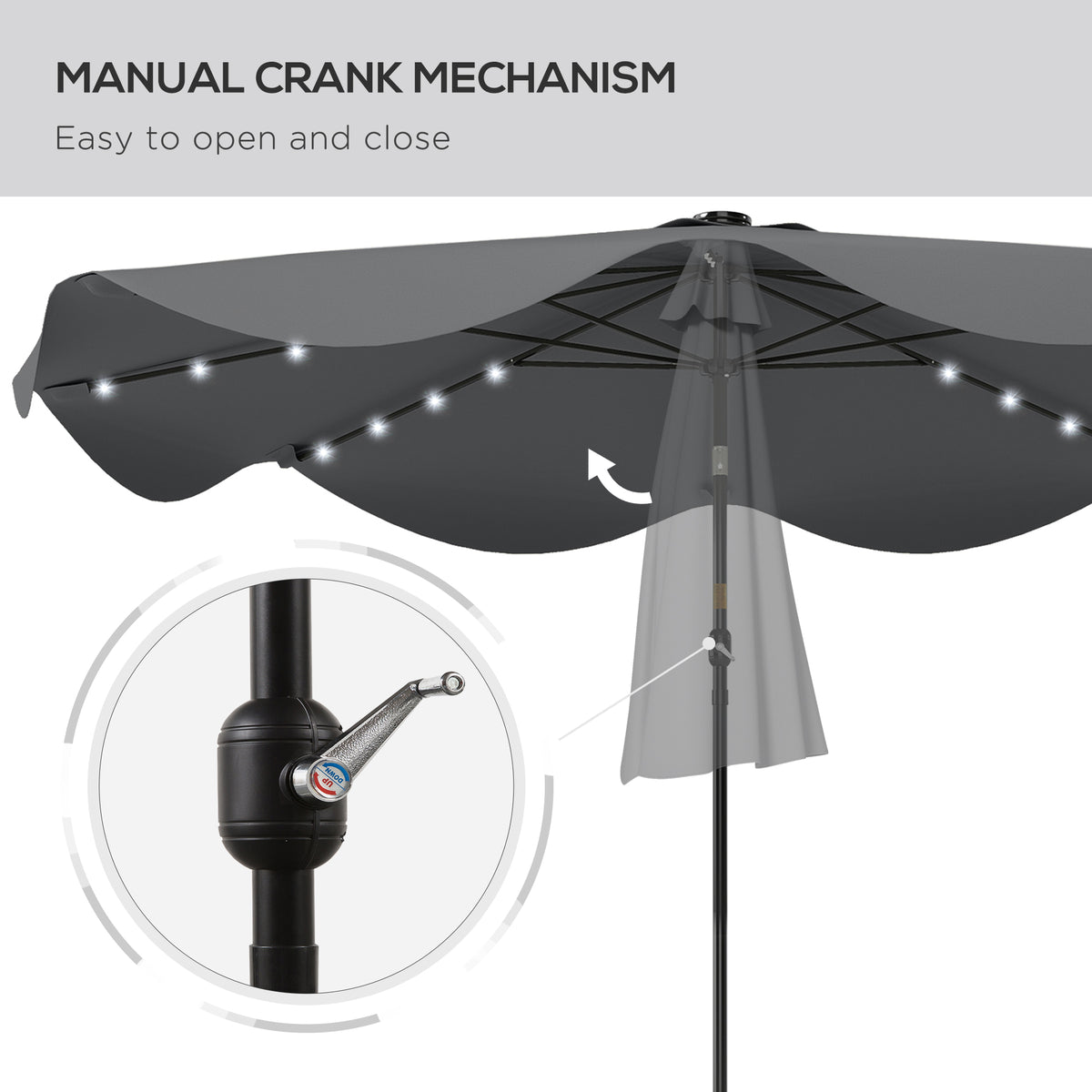 Solar Patio Umbrella with LED and Tilt, Outdoor Market Table Umbrella Parasol with Crank, 10 x 10 ft, Dark Grey