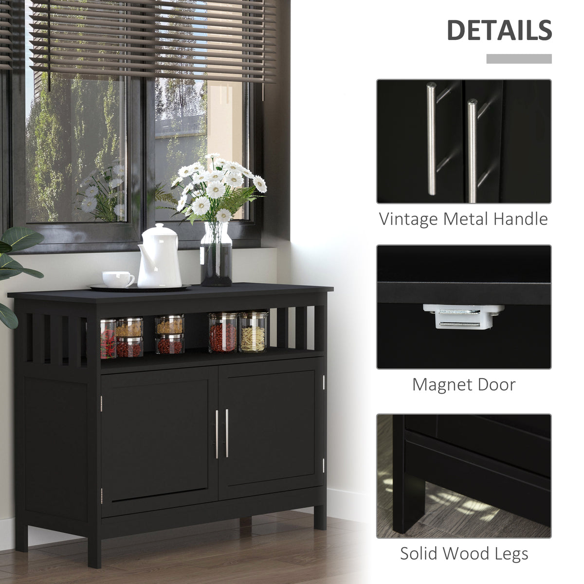 Kitchen Sideboard, Buffet Cabinet, Wooden Storage Console Table with 2-Level Cabinet and Open Shelf, Black – view 5