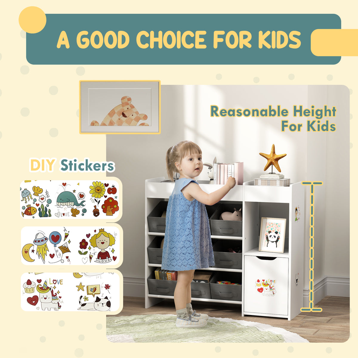 Qaba Toy Storage Organizer with 9 Non-Woven Fabric Boxes, Storage Cabinet & Shelves, for Kids Room, Nursery, Playroom White