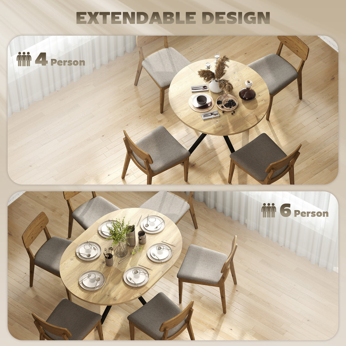 39.5"-53" Extendable Dining Table for 4-6, Industrial Kitchen Table with Butterfly Leaf and X-Shape Base, Natural Wood