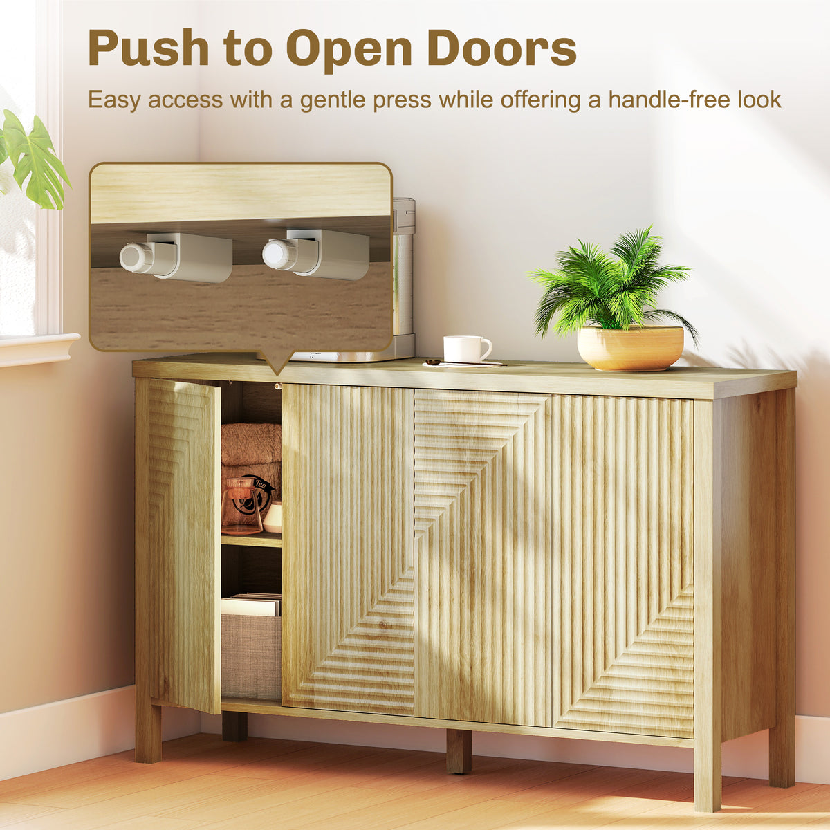 47" Buffet Cabinet with Storage, Fluted Sideboard with Push to Open Design, 2 Adjustable Shelves and 4 Doors, Natural