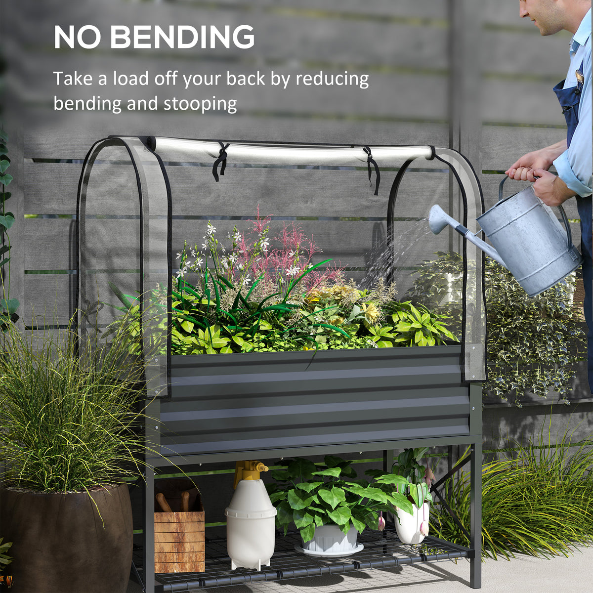 Raised Garden Bed with Cover, Metal Elevated Planter Box with Bottom Shelf and Liner, Black – view 13