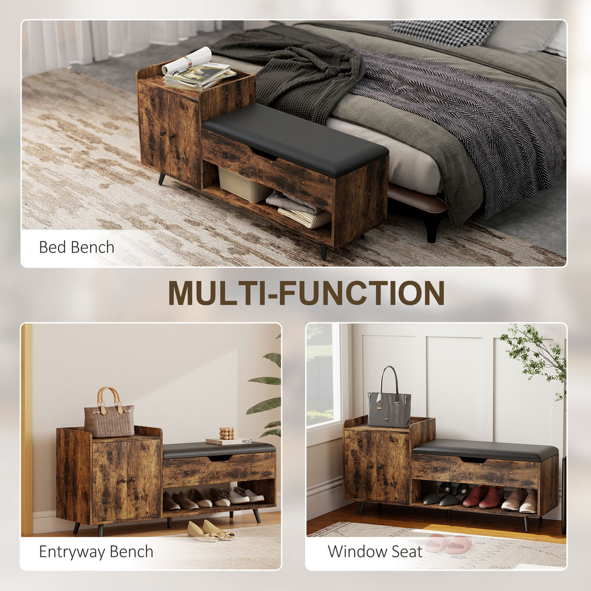 Storage Bench, Entryway Bench with Cushion, Hidden Storage, Compartments, Rustic Brown