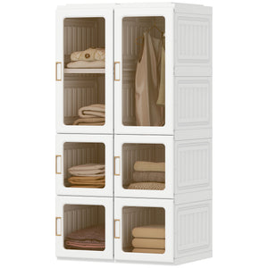 Portable Wardrobe, Foldable Plastic Closet with 5 Compartments, Hanging Rod and Magnetic Doors, White